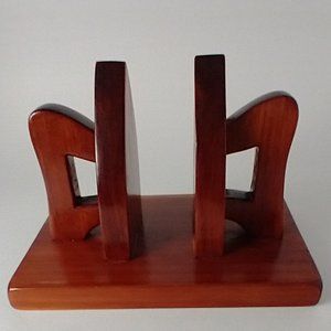 Vintage Cedar Wooden Bookends with Wooden Irons Rare -Great Condition